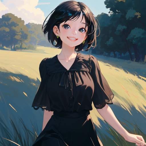 A masterpiece, the best quality, the ultimate details, a beautiful girl with very big eyes and a happy smile, short hair, black hair, black eyes, no other accessories, wearing a black blouse, the background is grassland, blue sky, the wind is blowing