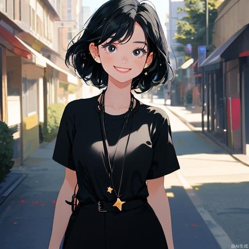 A masterpiece, the best quality, the ultimate detail, a beautiful girl with big eyes and a happy smile, short hair, black hair, black eyes, wearing star studs, wearing a high-necked black shirt, the style of the clothes is biased towards the office, the background is outdoor, no one else, can see that it is summer, the colors are lively, the wind is blowing