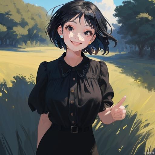 A masterpiece, the best quality, the ultimate details, a beautiful girl with very big eyes and a happy smile, short hair, black hair, black eyes, no other accessories, wearing a black blouse, the background is grassland, blue sky, the wind is blowing