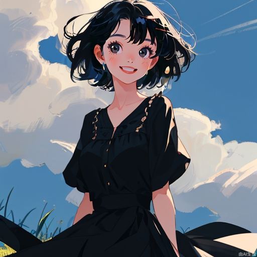 A masterpiece, the best quality, the ultimate details, a beautiful girl with very big eyes and a happy smile, short hair, black hair, black eyes, no other accessories, wearing a black blouse, the background is grassland, blue sky, the wind is blowing