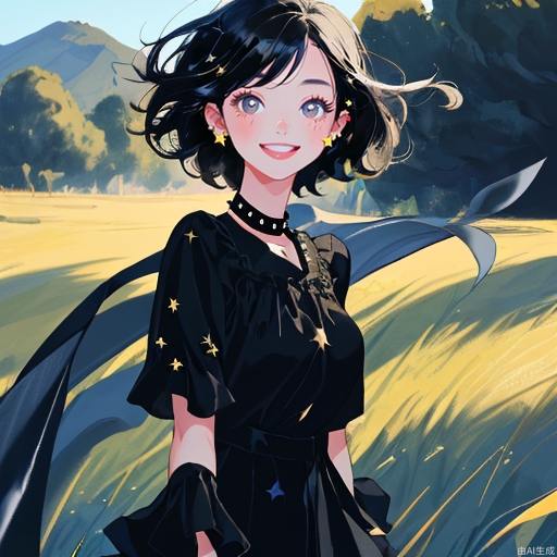 A masterpiece, the best quality, the ultimate in detail, a beautiful girl with big eyes and a happy smile, short hair, black hair, dark eyes, wearing star studs, wearing a black blouse the background is grassland, blue sky, the wind is blowing