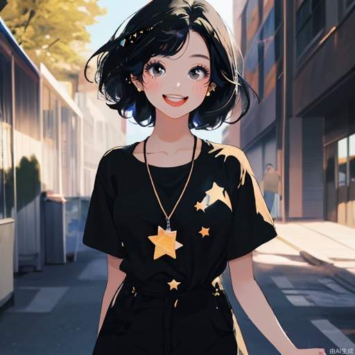 A masterpiece, the best quality, the ultimate detail, a beautiful girl with big eyes and a happy smile, short hair, black hair, black eyes, wearing star studs, wearing a high-necked black shirt, the style of the clothes is biased towards the office, the background is outdoor, no one else, can see that it is summer, the colors are lively, the wind is blowing