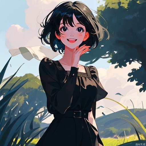 A masterpiece, the best quality, the ultimate details, a beautiful girl with very big eyes and a happy smile, short hair, black hair, black eyes, no other accessories, wearing a black blouse, the background is grassland, blue sky, the wind is blowing