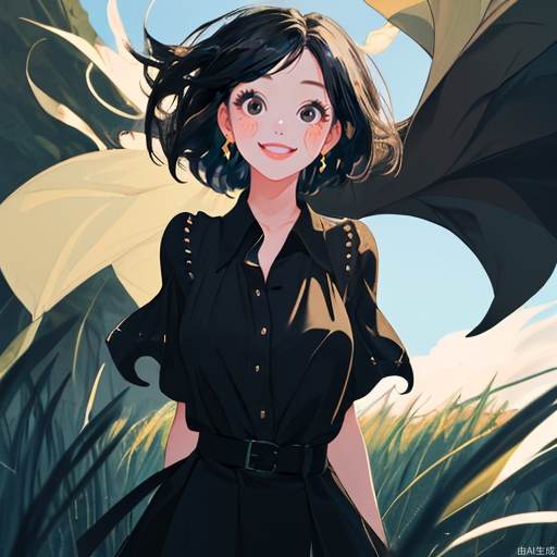 A masterpiece, the best quality, the ultimate details, a beautiful girl with very big eyes and a happy smile, short hair, black hair, black eyes, no other accessories, wearing a black blouse, the background is grassland, blue sky, the wind is blowing