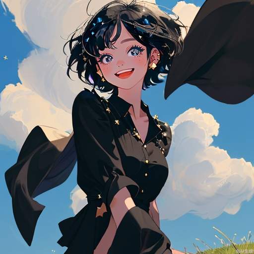 A masterpiece, the best quality, the ultimate in detail, a beautiful girl with big eyes and a happy smile, short hair, black hair, dark eyes, wearing star studs, wearing a black blouse the background is grassland, blue sky, the wind is blowing