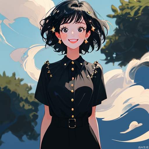 A masterpiece, the best quality, the ultimate details, a beautiful girl with big eyes and a happy smile, short hair, black hair, black eyes, wearing star studs, no other accessories, wearing a black blouse, the background is grassland, blue sky, the wind is blowing