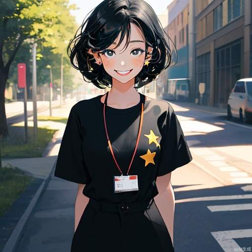 A masterpiece, the best quality, the ultimate detail, a beautiful girl with big eyes and a happy smile, short hair, black hair, black eyes, wearing star studs, wearing a high-necked black shirt, the style of the clothes is biased towards the office, the background is outdoor, no one else, can see that it is summer, the colors are lively, the wind is blowing