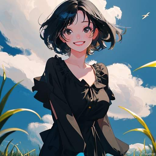 A masterpiece, the best quality, the ultimate details, a beautiful girl with very big eyes and a happy smile, short hair, black hair, black eyes, no other accessories, wearing a black blouse, the background is grassland, blue sky, the wind is blowing