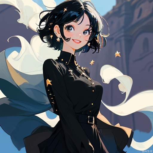 A masterpiece, the best quality, the ultimate details, a beautiful girl with big eyes and a happy smile, short hair, black hair, black eyes, wearing star studs, no other accessories, wearing a black blouse, the background is grassland, blue sky, the wind is blowing