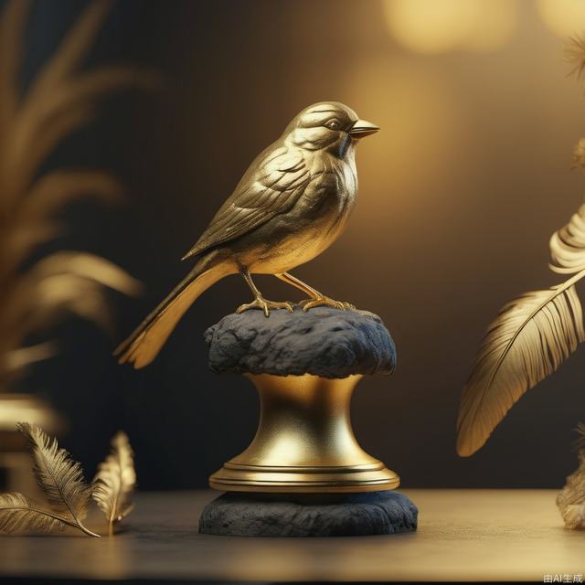  Sparrow, golden sculpture, cylindrical base, feather texture, trophy, magnificent, branches, gold, realistic sculpture, masterpiece, super details, blurry background, dark background, depth of field, realistic, 4K