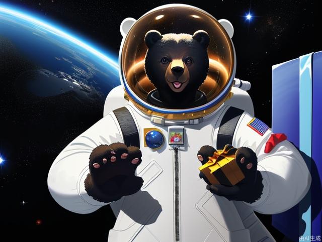 Black cartoon bear, wearing a space suit all over, the space helmet is opaque, holding a gift in both hands, CG style