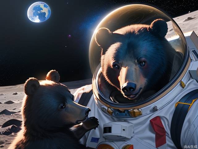 Black bear, wearing a space helmet on the moon, receives a space gift, CG style,