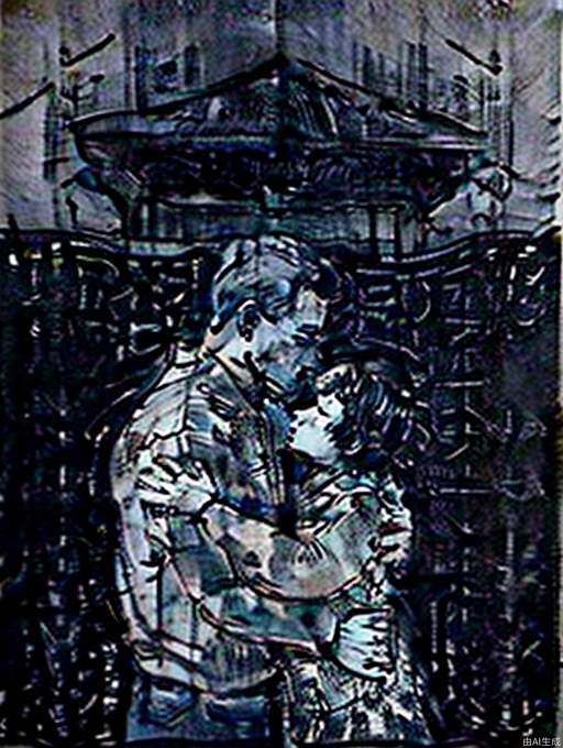 The picture style is a black and white sketch line draft. There are four characters in the scene. An old man and a young man hug. A mother and a child snuggle together. The background is ancient buildings and figures. The scene is depicted in monochrome, focusing on black ink lines to capture their expressions and intricate details. This work embodies Renaissance style elements, which convey strong emotions through strong light and shadow contrasts.