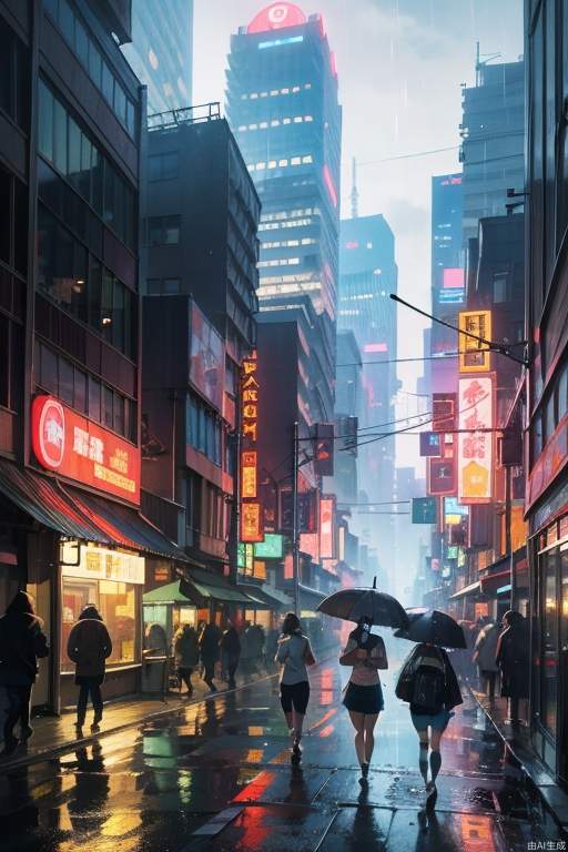 (Studio Ghibli style), (masterpiece, top quality), cyberpunk, rainy city streets, tall buildings, neon lights, people coming and going, a girl walking with an umbrella