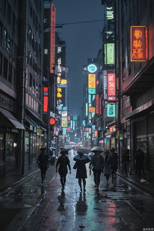 (Studio Ghibli style), (masterpiece, top quality), cyberpunk, rainy city streets, tall buildings, neon lights, people coming and going, a girl walking in the rain