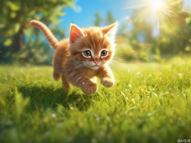 A mischievous little cat is jumping on the grass in the bright sunshine