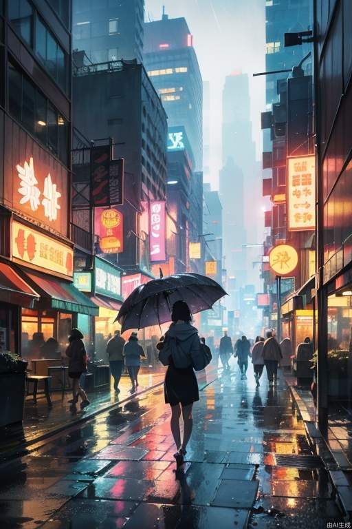 (Studio Ghibli style), (masterpiece, top quality), cyberpunk, rainy city streets, tall buildings, neon lights, people coming and going, only a girl walking with an umbrella comes, legs should be normal