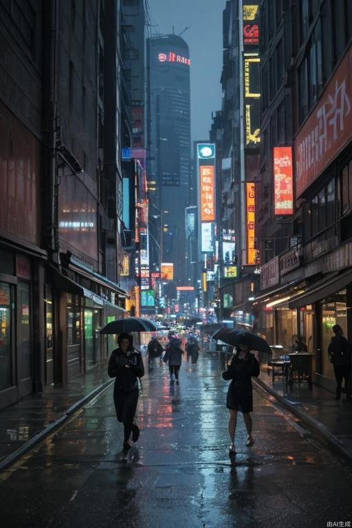 (Studio Ghibli style), (masterpiece, top quality), cyberpunk, rainy city streets, tall buildings, neon lights, people coming and going, a girl walking in the rain