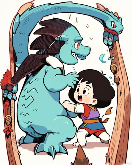 Exquisite, clear, high-definition, exquisite, cute, cartoonish, beautiful color scheme, colorful, Boy, fight monsters, fight dragons, brave, little warriors, defeat monsters, boys fight monsters, monster boy,
