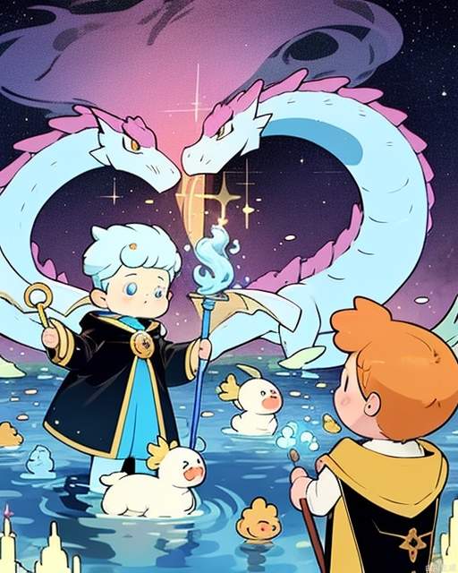 Exquisite, clear, high-definition, exquisite, cute, cartoonish, beautiful color scheme, colorful, Boy, summon dragons, summon water streams, summon magic, boy magician, mage, point to the sky with a staff, and point to the sky with a staff



