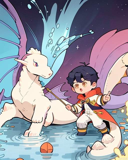 Exquisite, clear, high-definition, exquisite, cute, cartoonish, beautiful color scheme, colorful, Boy, summon dragons, summon water streams, summon magic, boy magician, mage, point to the sky with a staff, and point to the sky with a staff



