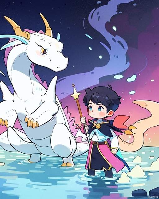 Exquisite, clear, high-definition, exquisite, cute, cartoonish, beautiful color scheme, colorful, Boy, summon dragons, summon water streams, summon magic, boy magician, mage, point to the sky with a staff, and point to the sky with a staff



