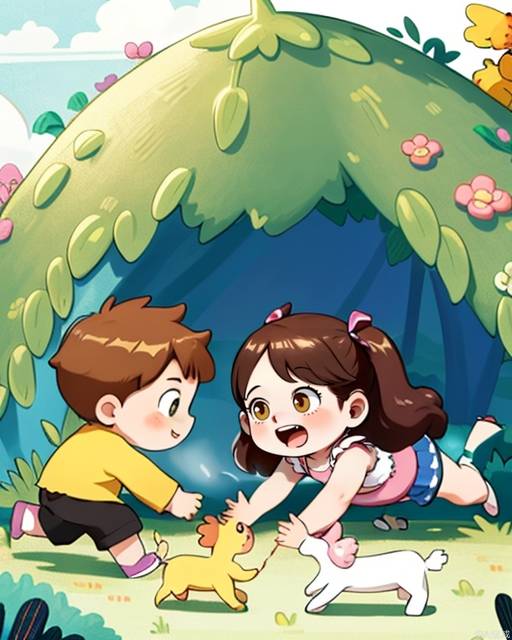 Exquisite, clear, high-definition, exquisite, cute, cartoonish, beautiful color matching, colorful, In summer, two children, a boy and a girl, are cute, playing, happy, and joyful