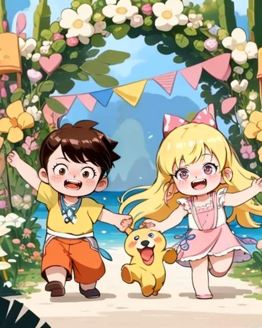 Exquisite, clear, high-definition, exquisite, cute, cartoonish, beautiful color matching, colorful, In summer, two children, a boy and a girl, are cute, playing, happy, and joyful