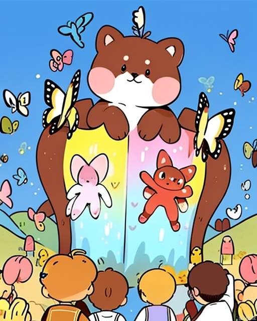 Exquisite, clear, high-definition, exquisite, cute, cartoonish, beautiful color matching, colorful, Boys and girls camp together in the wild, explore, catch butterflies, and study butterflies together.