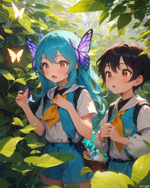 Exquisite, clear, high-definition, exquisite, cute, cartoonish, beautiful color matching, colorful, Boys and girls camp together in the wild, explore, catch butterflies, and study butterflies together.