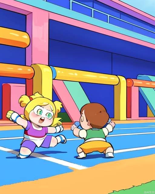 Exquisite, clear, high-definition, exquisite, cute, cartoonish, beautiful color matching, colorful, Two children, cute, lively, playing, fighting, two kids outside, playing sports