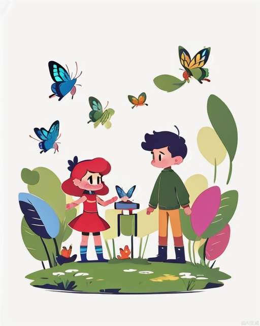 Exquisite, clear, high-definition, exquisite, cute, cartoonish, beautiful color matching, colorful, Boys and girls camp together in the wild, explore, catch butterflies, and study butterflies together.