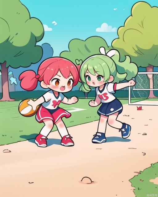 Exquisite, clear, high-definition, exquisite, cute, cartoonish, beautiful color matching, colorful, Two children, cute, lively, playing, fighting, two kids outside, playing sports