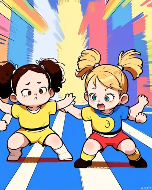 Exquisite, clear, high-definition, exquisite, cute, cartoonish, beautiful color matching, colorful, Two children, cute, lively, playing, fighting, two kids outside, playing sports