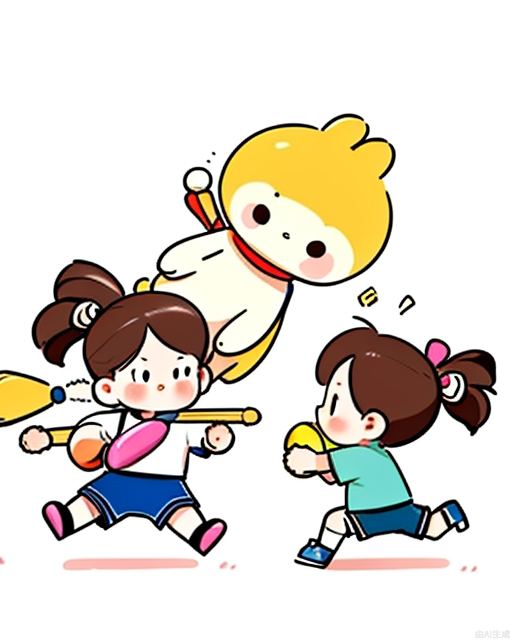 Exquisite, clear, high-definition, exquisite, cute, cartoonish, beautiful color matching, colorful, Two children, cute, lively, playing, fighting, two kids outside, playing sports