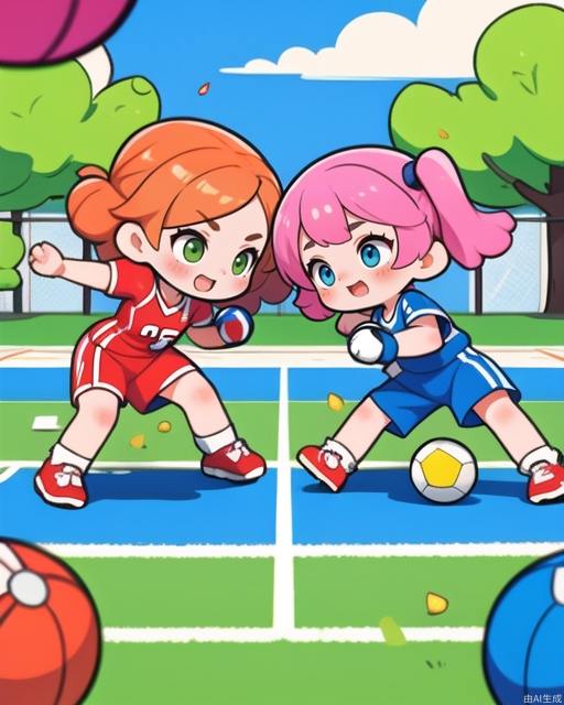 Exquisite, clear, high-definition, exquisite, cute, cartoonish, beautiful color matching, colorful, Two children, cute, lively, playing, fighting, two kids outside, playing sports