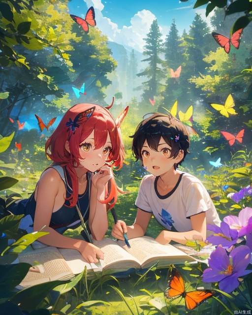 Exquisite, clear, high-definition, exquisite, cute, cartoonish, beautiful color matching, colorful, Boys and girls camp together in the wild, explore, catch butterflies, and study butterflies together.