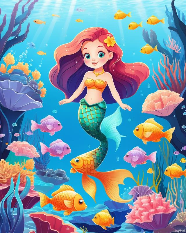 Exquisite, clear, high-definition, exquisite, cute, cartoonish, beautiful color matching, colorful, Little Mermaid, ocean, sea, underwater world, at the bottom of the sea, mermaid, beautiful, lovely, girl, fish school beautiful picture, richly colored picture