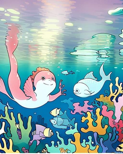 Exquisite, clear, high-definition, exquisite, cute, cartoonish, beautiful color matching, colorful, Little Mermaid, ocean, sea, underwater world, at the bottom of the sea, mermaid, beautiful, lovely, girl, fish school beautiful picture, richly colored picture-