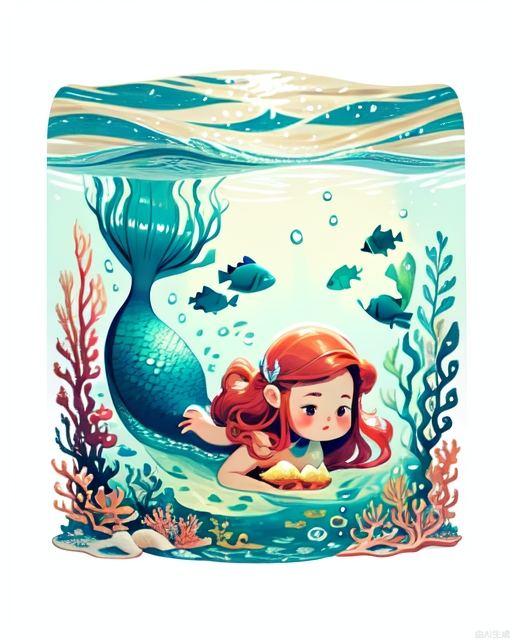 Exquisite, clear, high-definition, exquisite, cute, cartoonish, beautiful color matching, colorful, Little Mermaid, ocean, sea, underwater world, at the bottom of the sea, mermaid, beautiful, lovely, girl, fish school beautiful picture, richly colored picture-