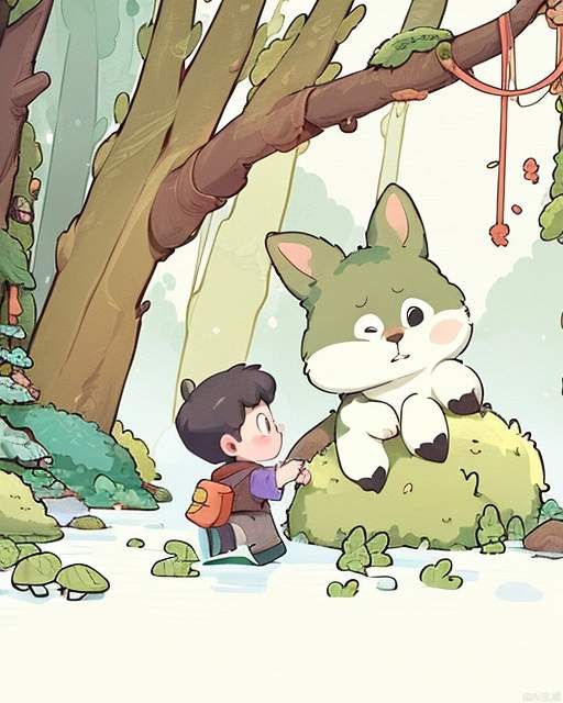 Exquisite, clear, high-definition, exquisite, cute, cartoonish, beautiful color matching, colorful, Forest, little boy exploration, exploring in the forest, explorer, little boy, cute boy, boy in the woods, adventure.
