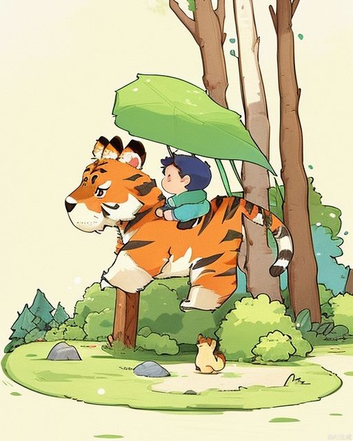 Exquisite, clear, high-definition, exquisite, cute, cartoonish, beautiful color matching, colorful, Forest, little boy and animals, animals, nature, great forest, trees, little boy and animals playing, exploring in the forest, cute animals cute tiger, little boy exploring in the forest