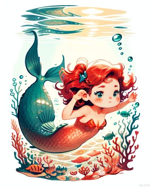 Exquisite, clear, high-definition, exquisite, cute, cartoonish, beautiful color matching, colorful, Little Mermaid, ocean, sea, underwater world, at the bottom of the sea, mermaid, beautiful, lovely, girl, fish school beautiful picture, richly colored picture-