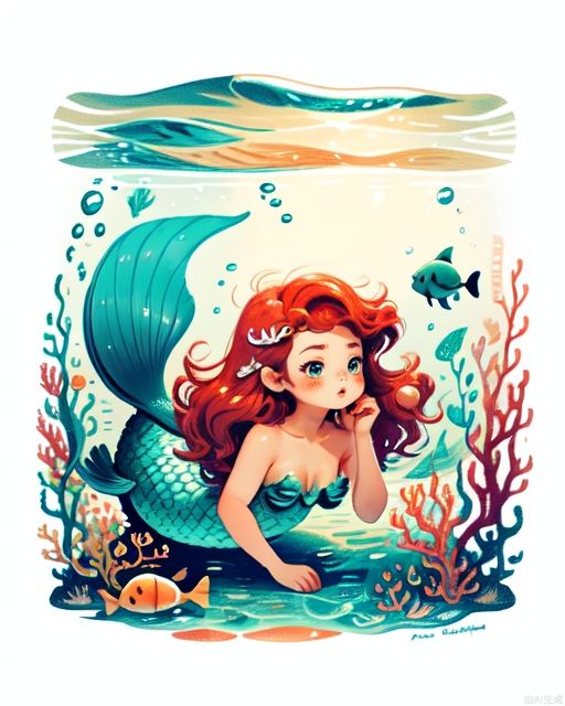 Exquisite, clear, high-definition, exquisite, cute, cartoonish, beautiful color matching, colorful, Little Mermaid, ocean, sea, underwater world, at the bottom of the sea, mermaid, beautiful, lovely, girl, fish school beautiful picture, richly colored picture-