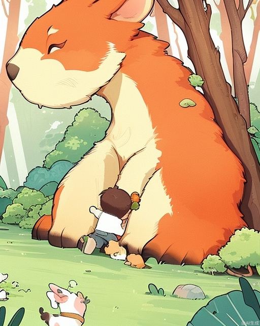 Exquisite, clear, high-definition, exquisite, cute, cartoonish, beautiful color matching, colorful, Forest, little boy and animals, animals, nature, great forest, trees, little boy and animals playing, exploring in the forest, rich