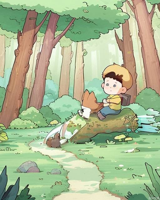 Exquisite, clear, high-definition, exquisite, cute, cartoonish, beautiful color matching, colorful, Forest, little boy exploration, exploring in the forest, explorer, little boy, cute boy, boy in the woods, adventure.