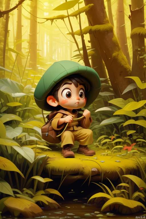 Exquisite, clear, high-definition, exquisite, cute, cartoonish, beautiful color matching, colorful, Forest, little boy exploration, exploring in the forest, explorer, little boy, cute boy, boy in the woods, adventure. No