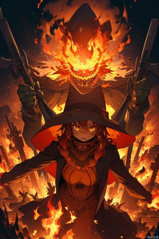 Exquisite, clear, high-definition, exquisite, cute, cartoonish, beautiful color matching, colorful, Scarecrow, Flame Scarecrow, Scarecrow Monster, Scarecrow Monster with Weapons, Interesting Monster, Monster, Flame Monster, Flame Strawman