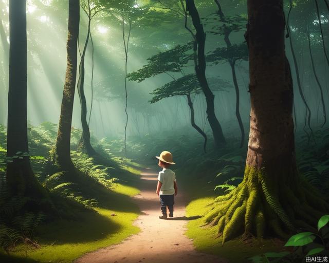 Exquisite, clear, high-definition, exquisite, cute, cartoonish, beautiful color matching, colorful, Exploring in the forest, in the jungle, the little boy is in the forest, in the woods, the vast forest, rich plant life, beautiful light and shadow, rich colors, beautiful scenes, boy. The boy is in the forest.