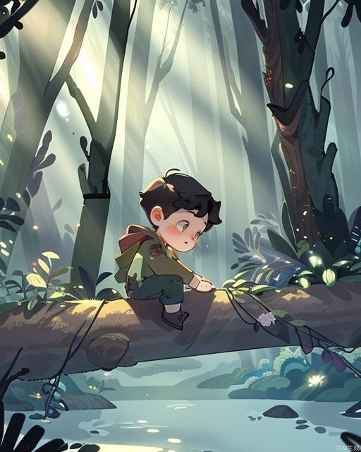 Exquisite, clear, high-definition, exquisite, cute, cartoonish, beautiful color matching, colorful, Exploring in the forest, in the jungle, the little boy is in the forest, in the woods, the vast forest, rich plant life, beautiful light and shadow, rich colors, beautiful scenes, boy. The boy is in the forest.